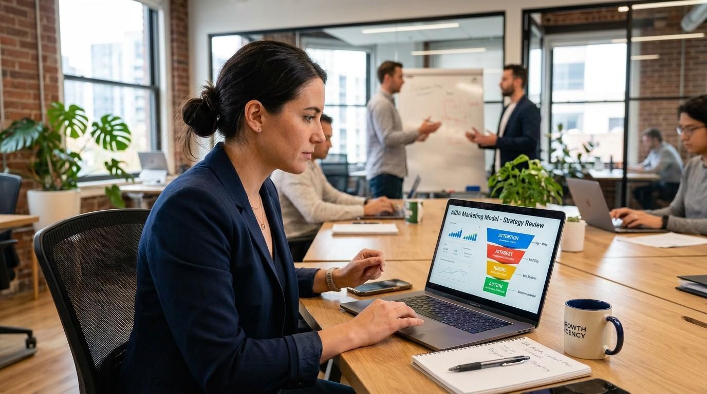 Digital marketer reviewing the AIDA marketing model on a laptop screen showing a simple sales funnel diagram during a strategy planning session in a modern office.