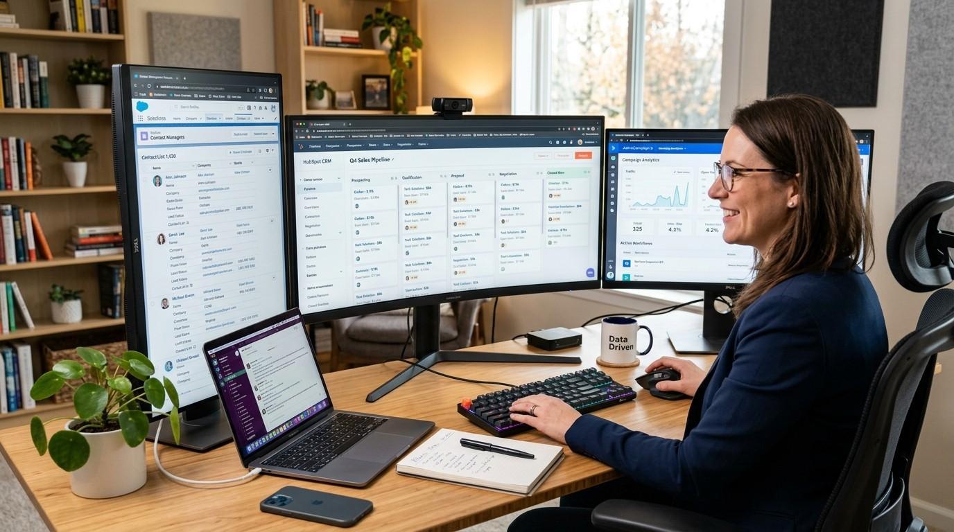Workspace showing multiple crm tools open on different screens displaying contact management, sales pipeline tracking and marketing automation features.