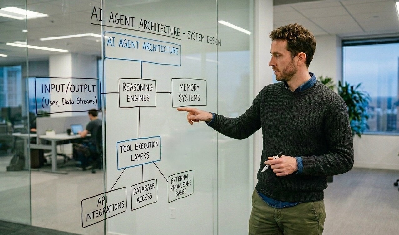 AI engineer analysing system design on a glass board showing components of AI agent architecture including memory systems, reasoning engines, and tool execution layers.