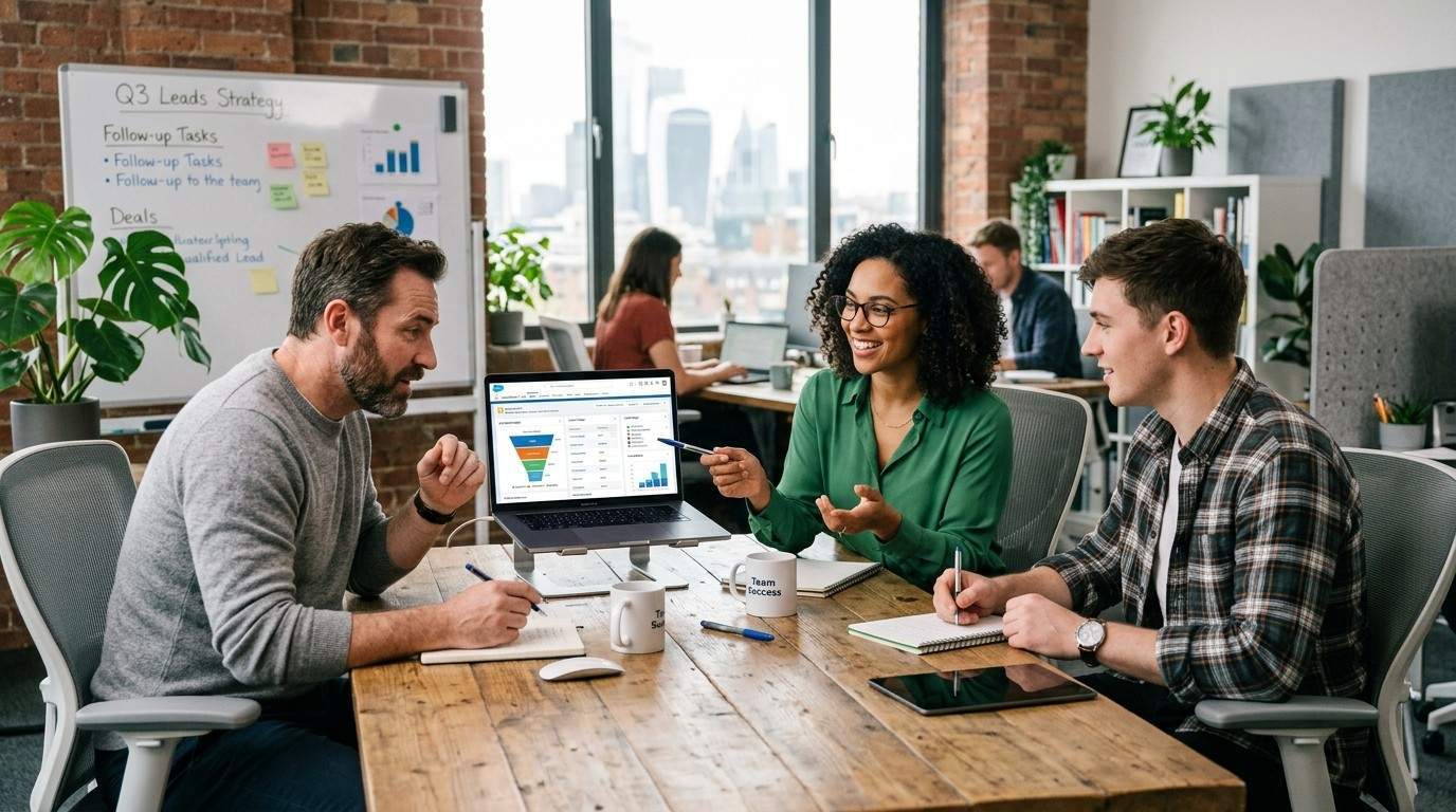 Small business team working together in a modern office using CRM software on a laptop to manage customer data and sales leads.