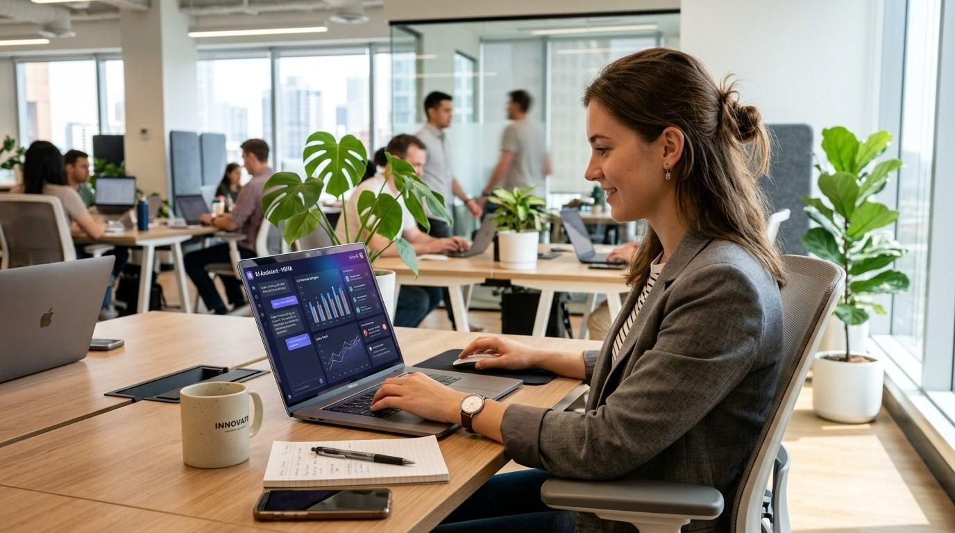 A person working on a laptop displaying a digital interface showing an AI assistant interacting with data and messages in a modern office environment.