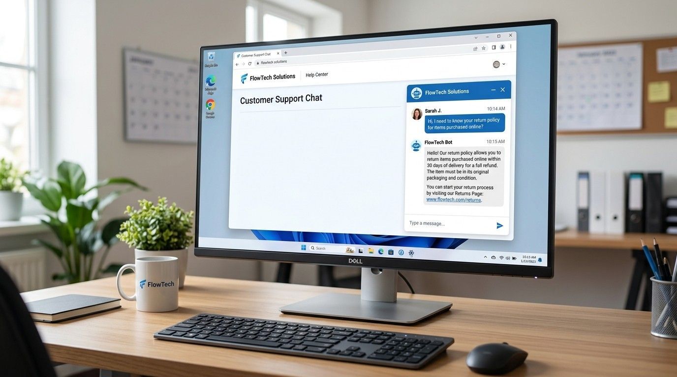 A digital customer service chatbot interface on a desktop screen automatically replying to a frequently asked question in a simple text format.