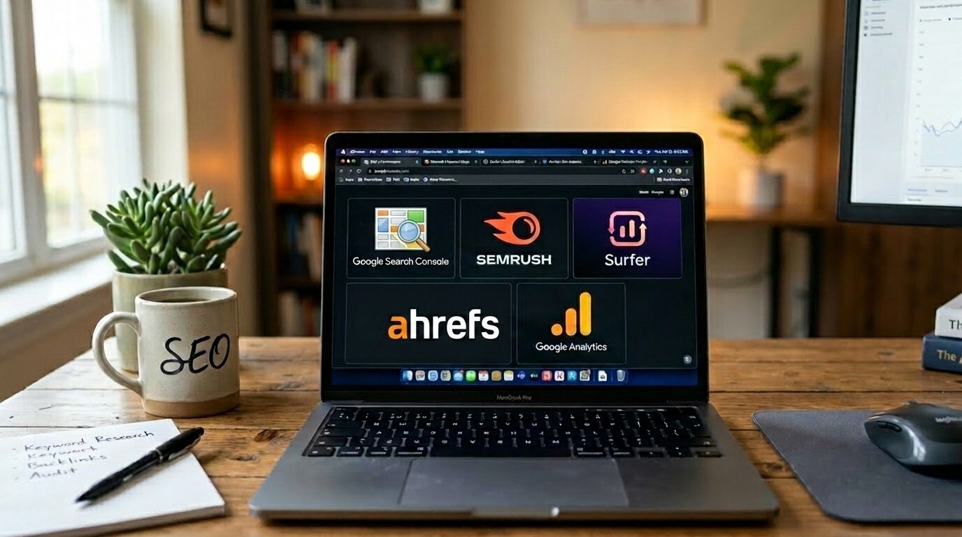 Laptop screen showing dashboard of the best SEO marketing tools, including semrush, ahref, google analytics, surfer and google search console in a modern office space.