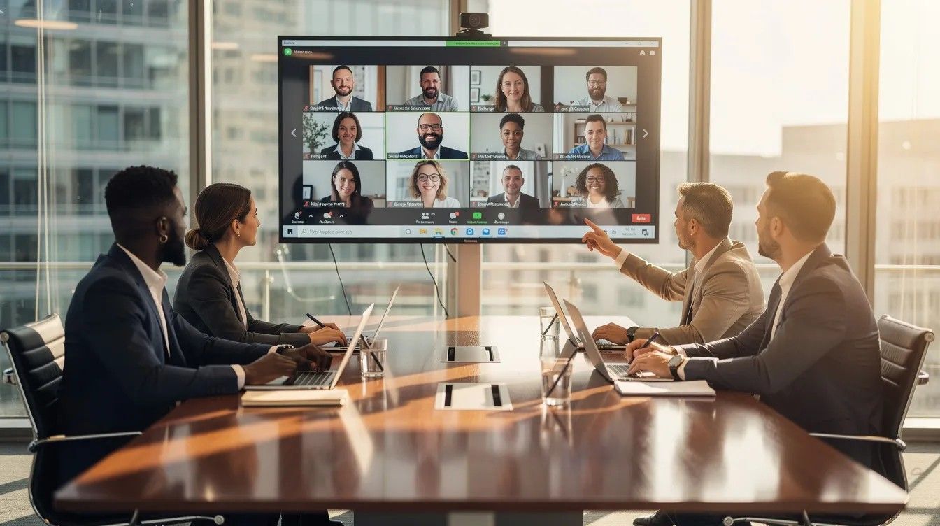 Diverse group of professionals engaged in a video conference meeting, collaborating on strategies for digital marketing and SEO campaigns. 
