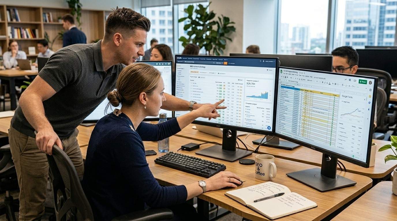 Digital marketing team researching SEO keywords and search volume data using SEO tools on multiple screens.