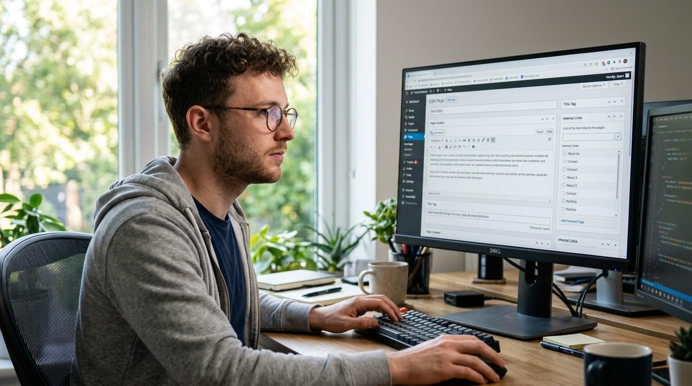 Website developer optimising page content, title tags, and internal links on a business website dashboard.
