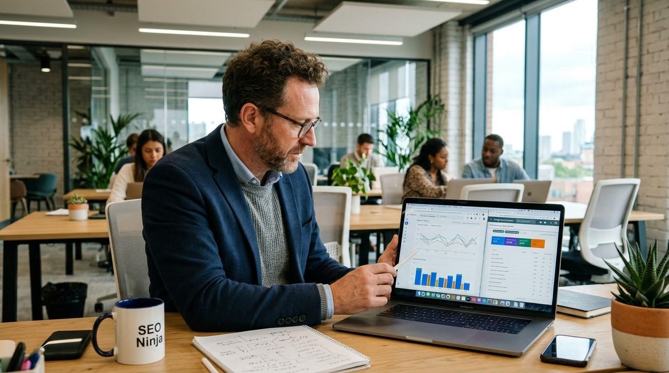 on page seo checklist SEO specialist reviewing website analytics and Google ranking reports on a laptop in a modern office environment after implementing on page seo checklist.