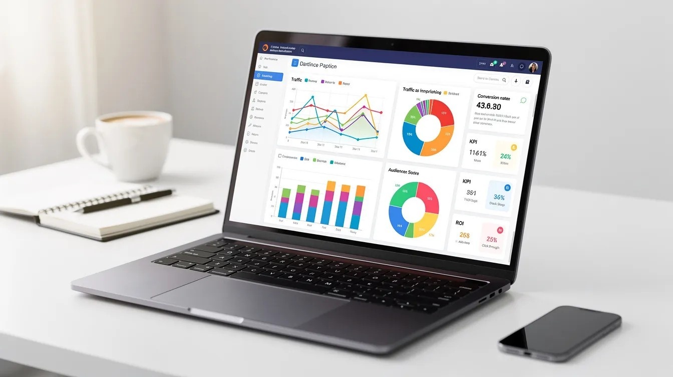 Laptop screen showcasing various marketing performance charts and graphs, highlighting data related to SEO strategies and digital marketing services. 