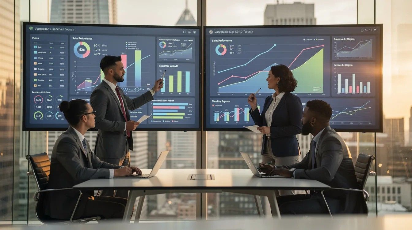 A business team and seo content marketing agency team is gathered around large monitors, reviewing analytics dashboards that display key metrics of digital marketing.