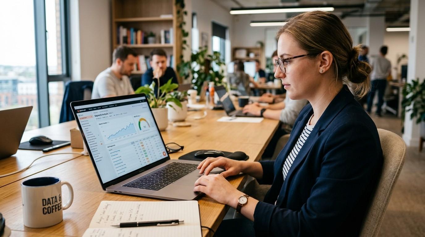 Person analysing keyword research data and search volume metrics on SEO software dashboard displayed on a laptop screen.