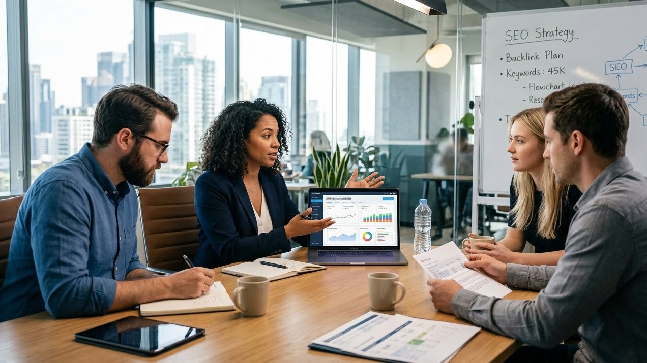 Marketing team reviewing SEO performance data of their website on laptop during a strategy meeting in a modern office environment.
