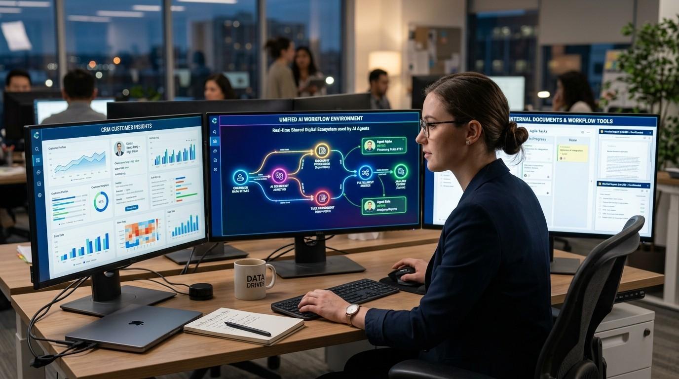 Business analyst working on screens displaying customer data, internal documents, and workflow management tools connected through a shared digital environment by AI agents. 