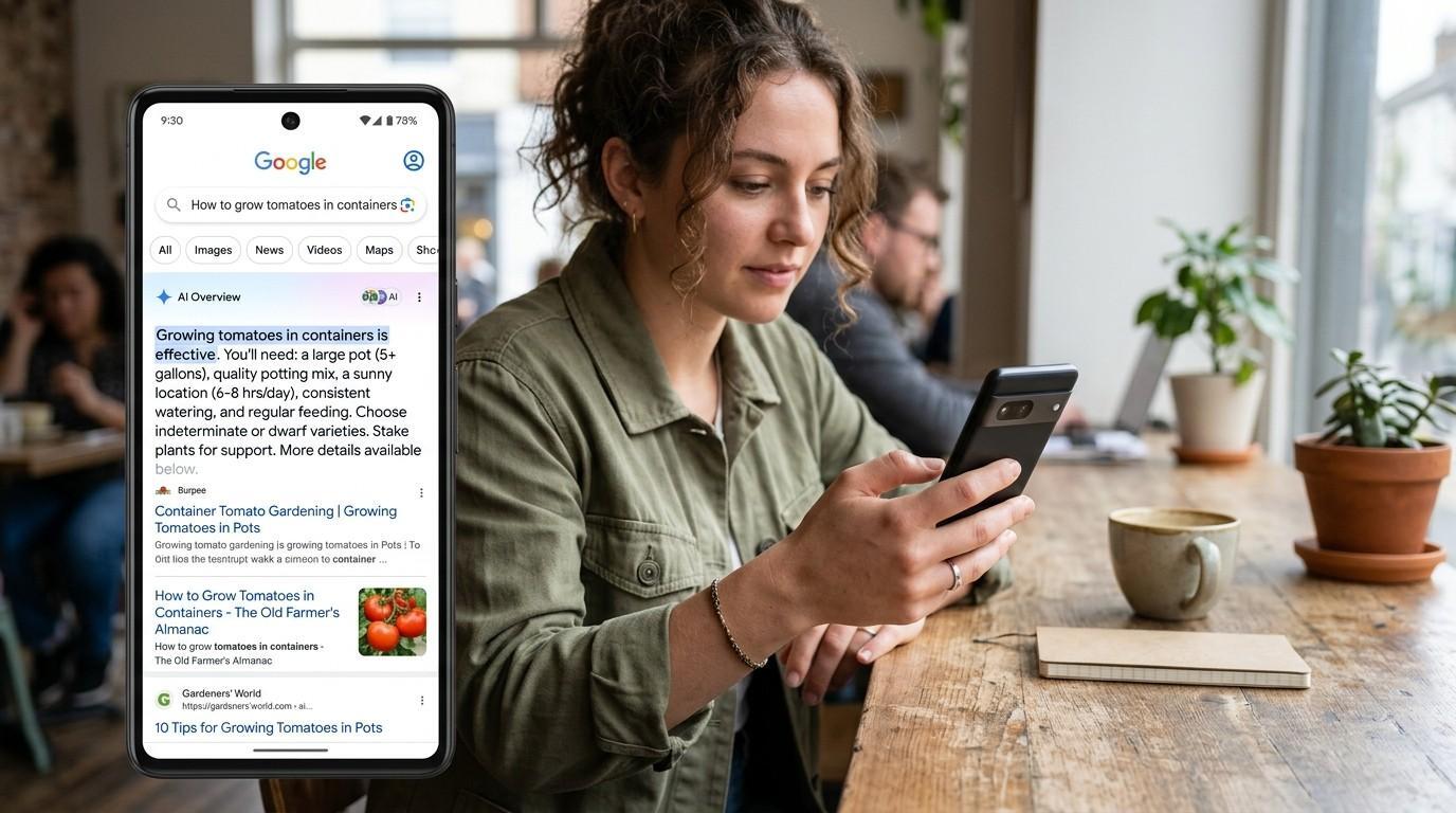 AI overviews A person using Google Search on mobile with search results displayed on screen, illustrating how users interact with AI-generated summaries and traditional search results.