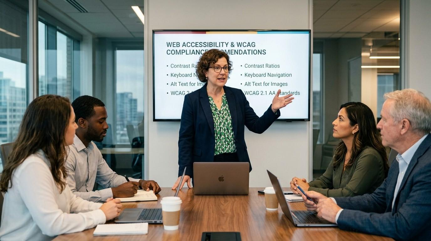 Digital accessibility specialist discussing website accessibility improvements and WCAG compliance recommendations with a business team. 