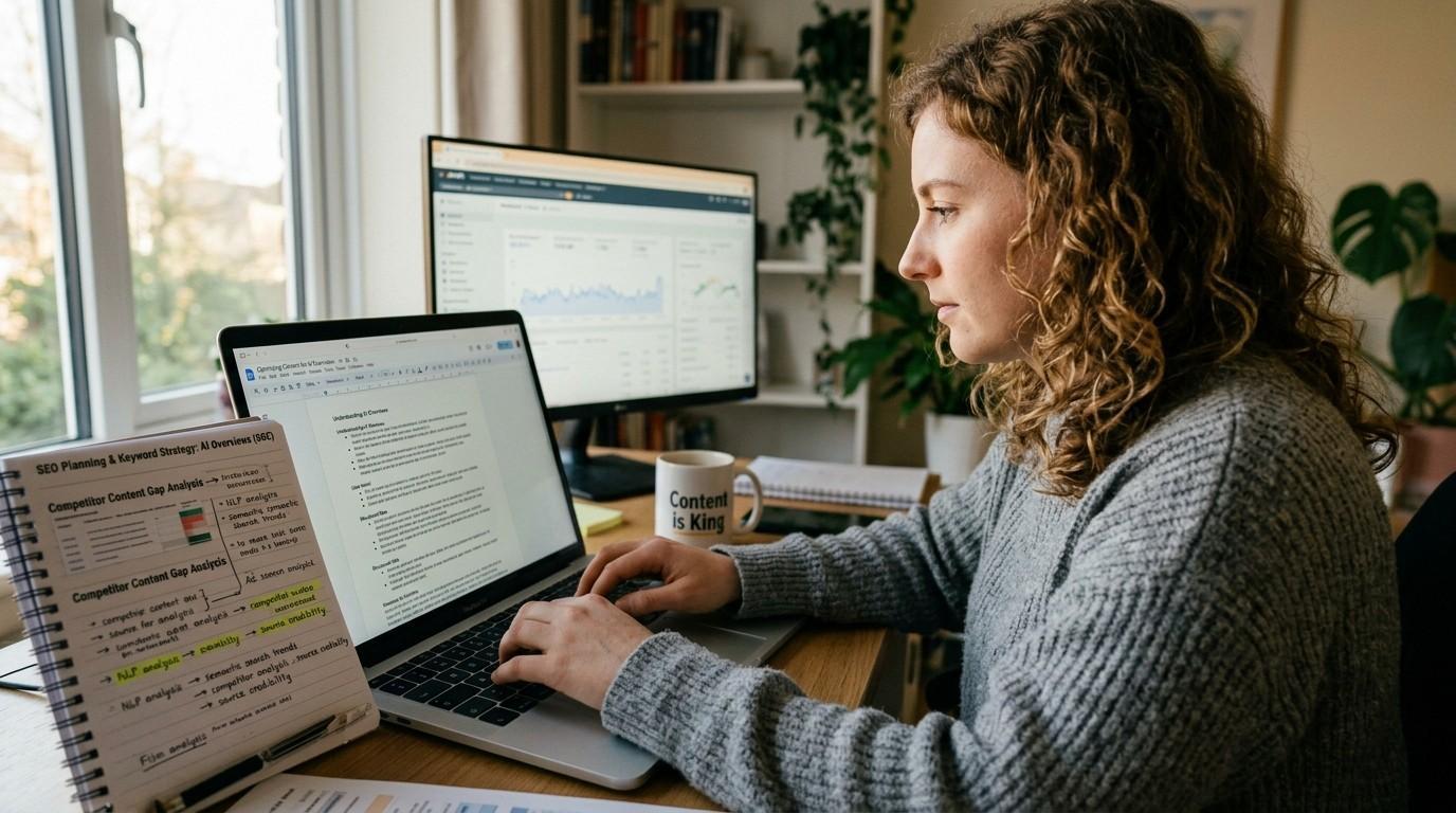 A content writer creating an article on a laptop with research notes and SEO planning documents, demonstrating the process of producing high-quality content for AI Overviews.