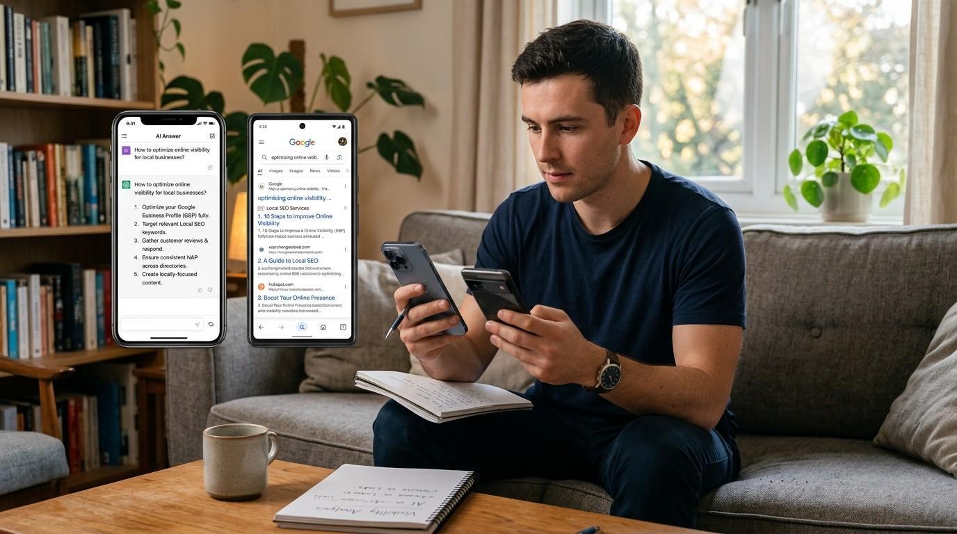 Business professional comparing traditional search engine results on one screen and AI-generated answers on another screen while analysing online visibility.