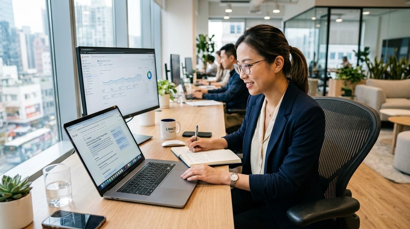 A professional digital marketer working on a laptop while reviewing Google search results on a modern office desk, representing the growing influence of AI Overviews on search visibility and SEO strategy.