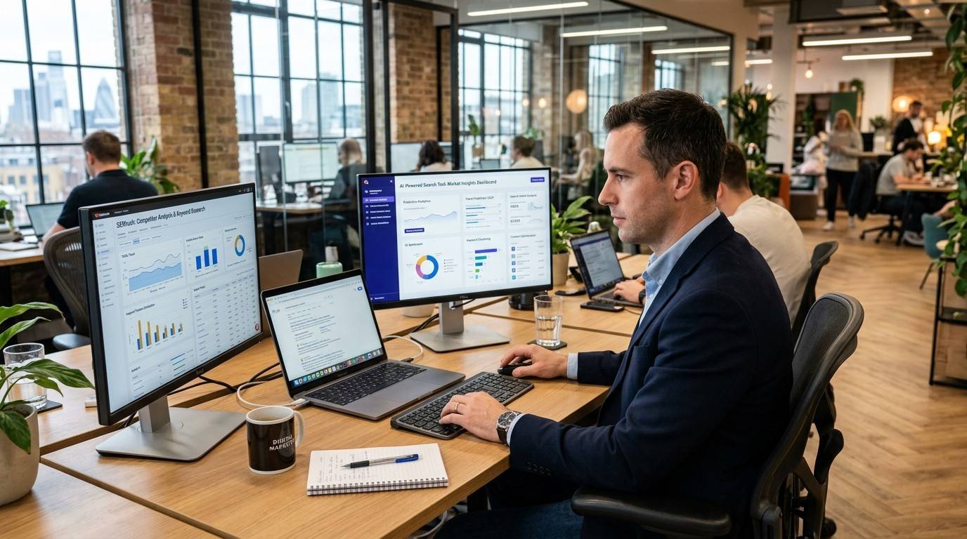 Professional marketer working on a laptop displaying search results and AI-powered search tools on multiple screens in a modern office environment. 