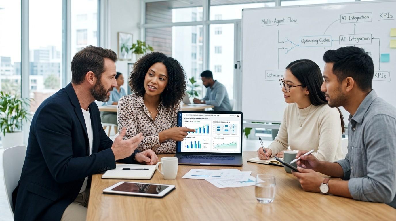 Business team gathered around a laptop in a modern office reviewing AI-powered workflow automation dashboards and operational improvements using a multi-agent system. 