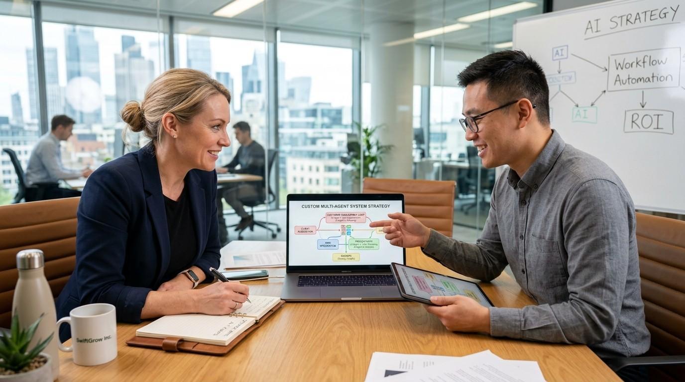 Business owner consulting with an AI automation specialist & planning a custom multi-agent system strategy to improve customer engagement, productivity & business growth.