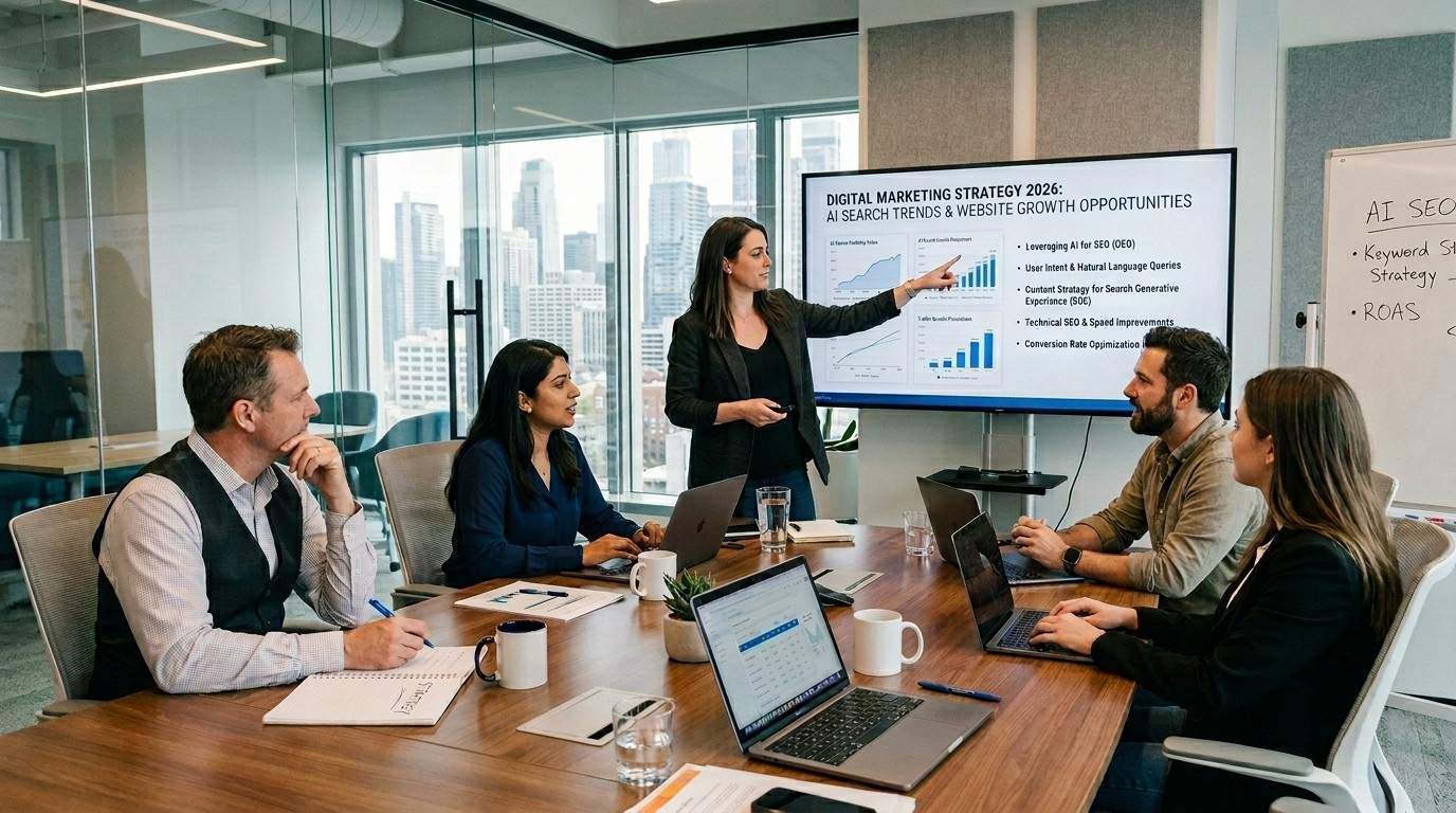 Business team discussing digital marketing strategy, AI search trends, and website growth opportunities during a meeting in a modern office. (GEO vs SEO)