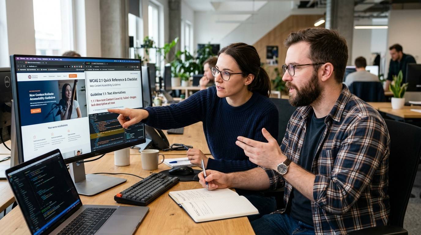 Web designer and developer reviewing web accessibility requirements on a computer screen during a WCAG compliance assessment of their website. (web accessibility guidelines​)