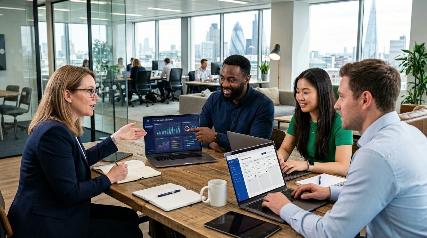 A team of business professionals in a modern UK office collaborating around laptops displaying AI-powered business dashboards and digital workflow tools.