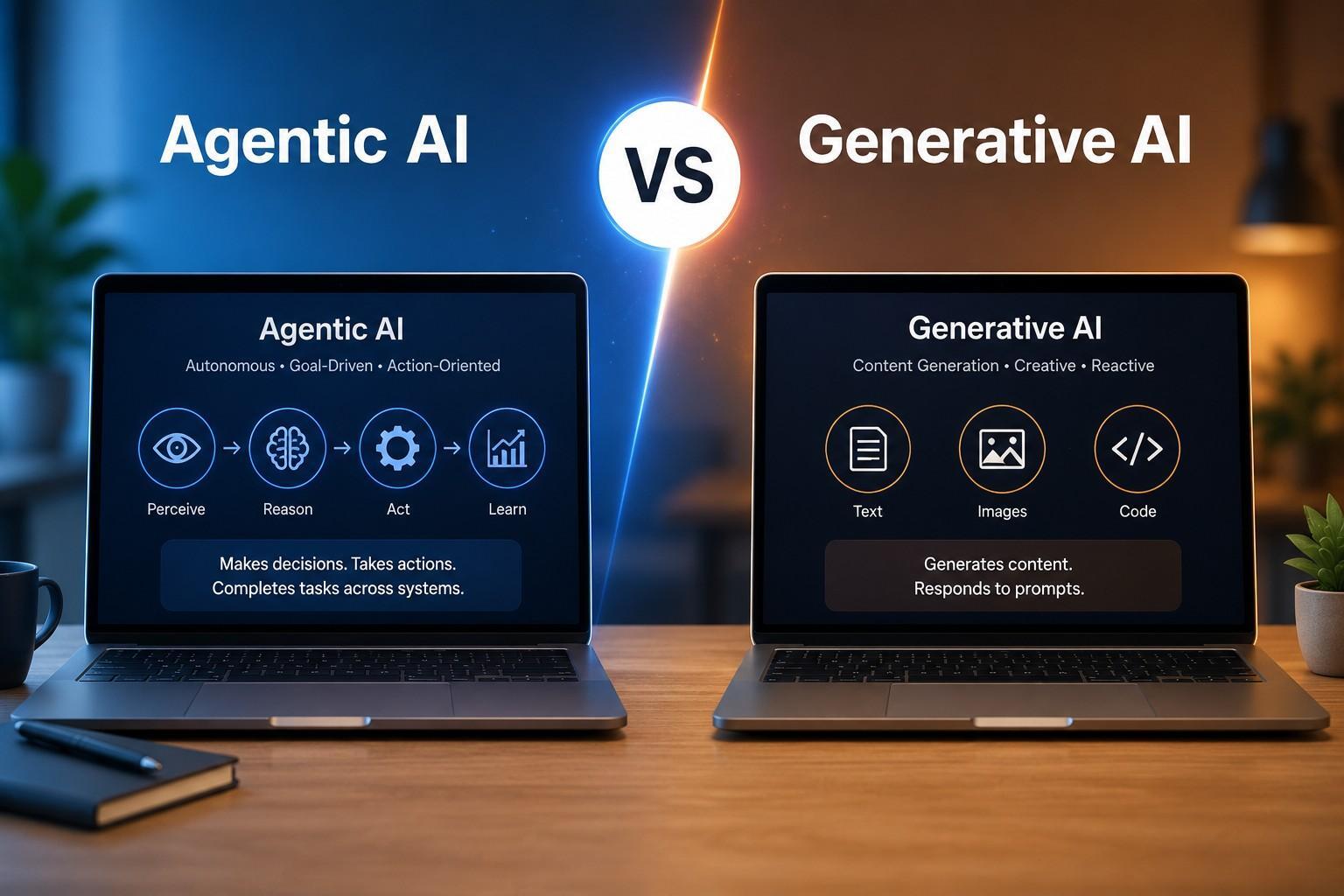agentic ai vs generative ai Split-screen showing agentic ai vs generative ai setup with an agentic AI workflow on a laptop screen on left side and generative ai workflow on another screen at the right side.