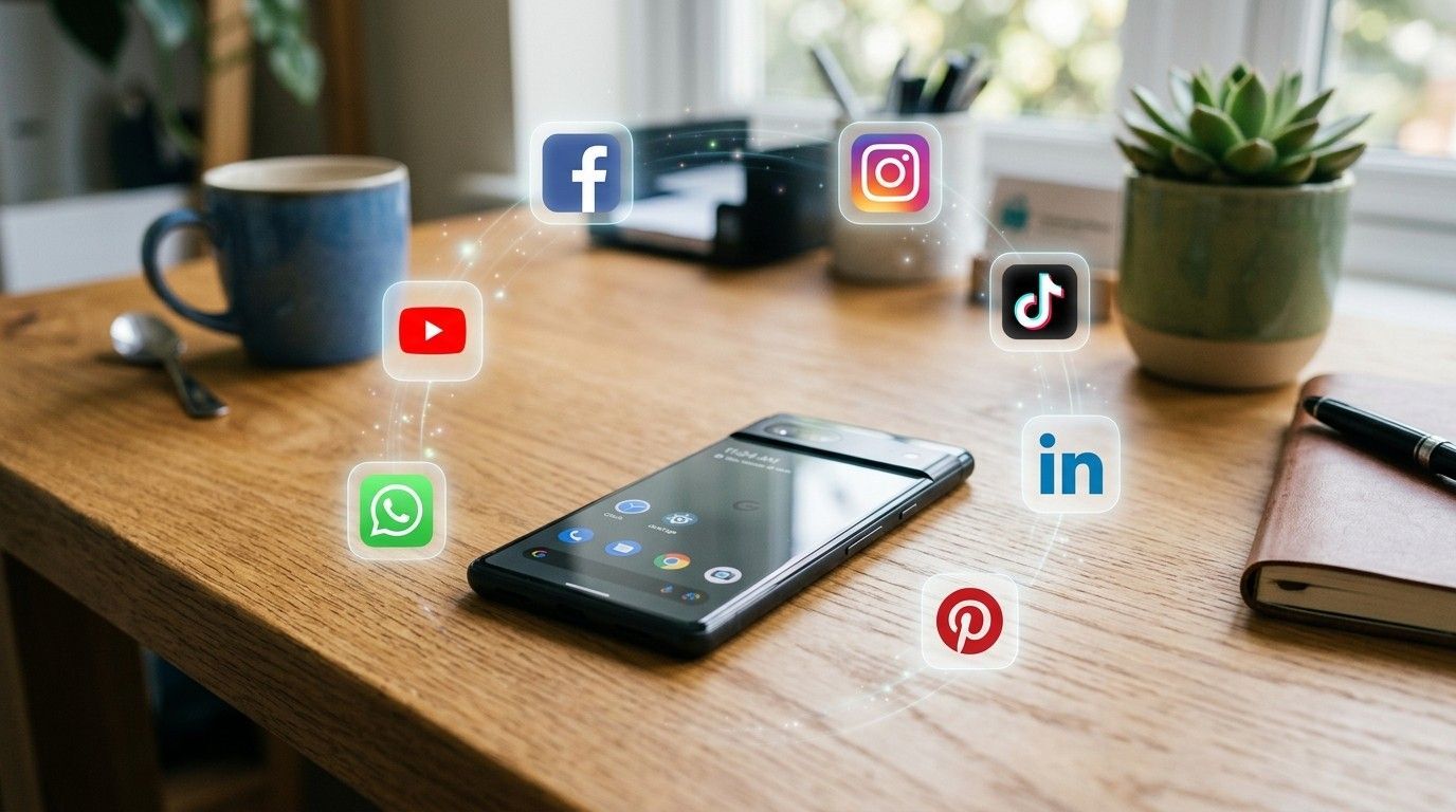 A smartphone placed on a desk with floating icons for the best social media platforms including Facebook, Instagram, LinkedIn, YouTube, TikTok, Pinterest, and WhatsApp around it.