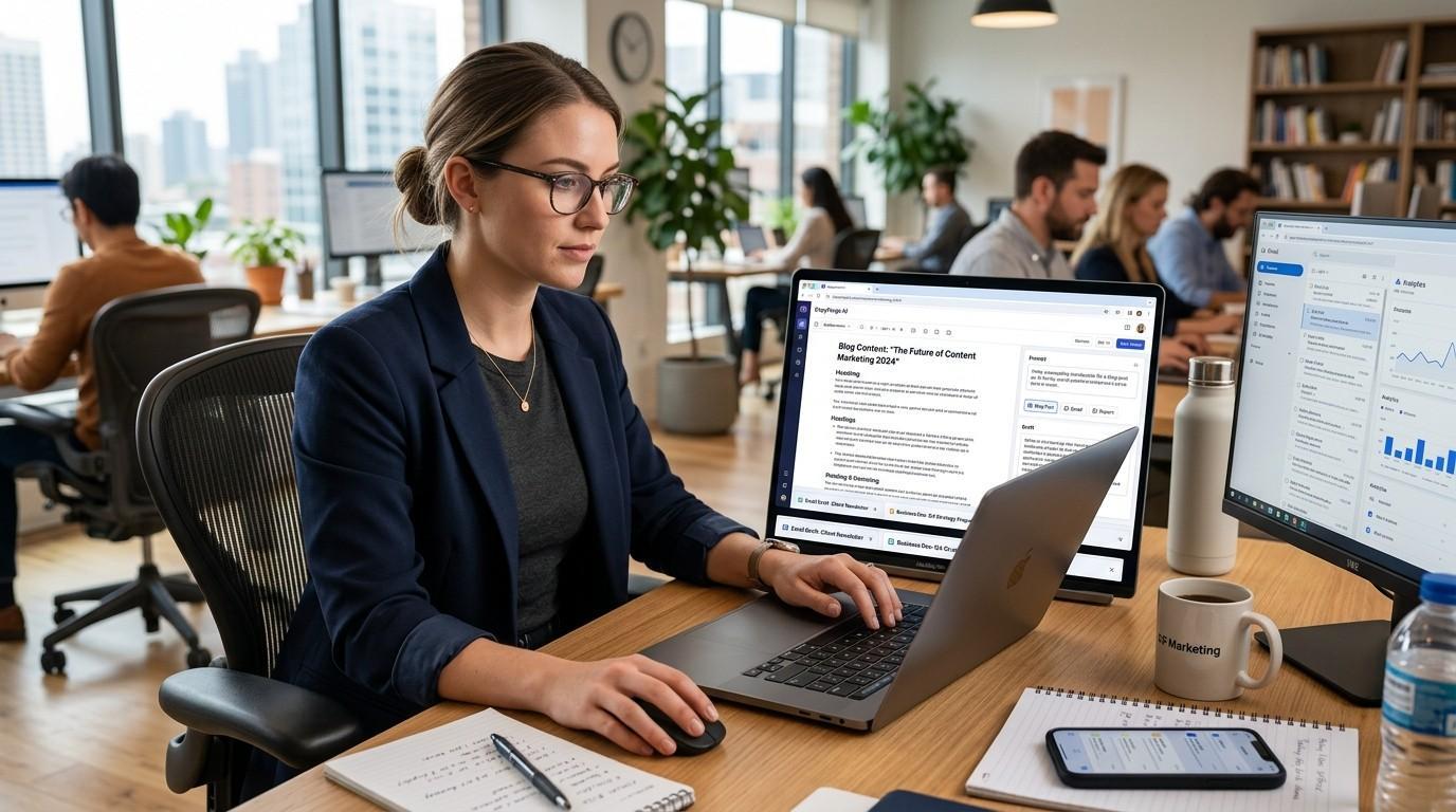 A marketing professional using a Generative AI writing assistant on a laptop to create blog content, emails, and business documents.