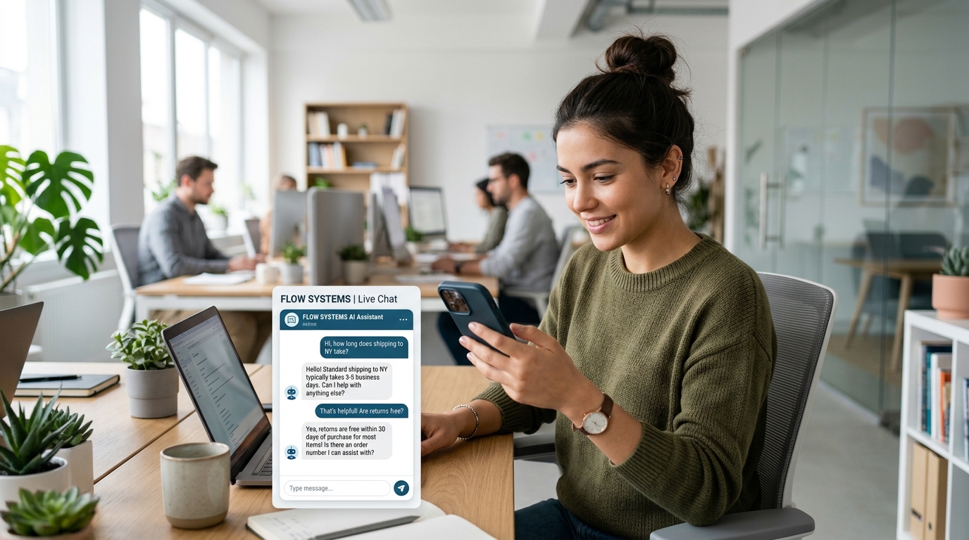 Customer using a website live chat window on a mobile where an AI chatbot answers common customer support questions.
