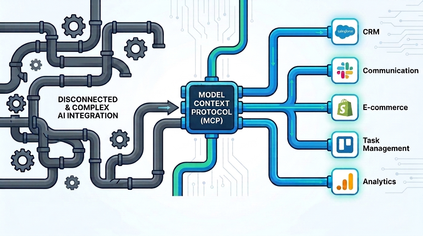  maze of disconnected pipelines transforming into one organised network of connected pathways leading to multiple business applications, symbolising how Model Context Protocol simplifies AI integration and reduces development complexity. 