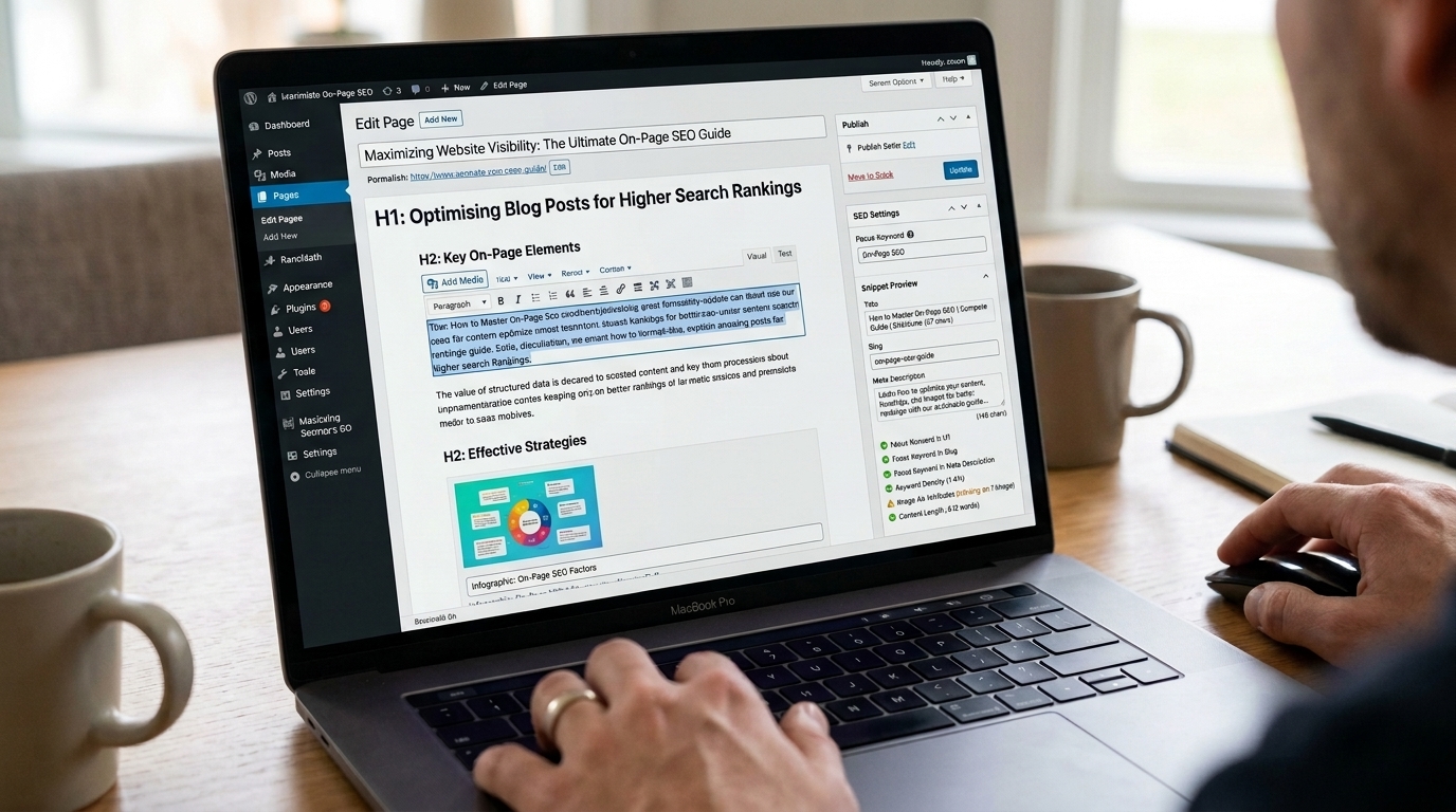 Close-up of a website page open in a content management system showing headings, text, images, and optimisation settings for on page seo services.