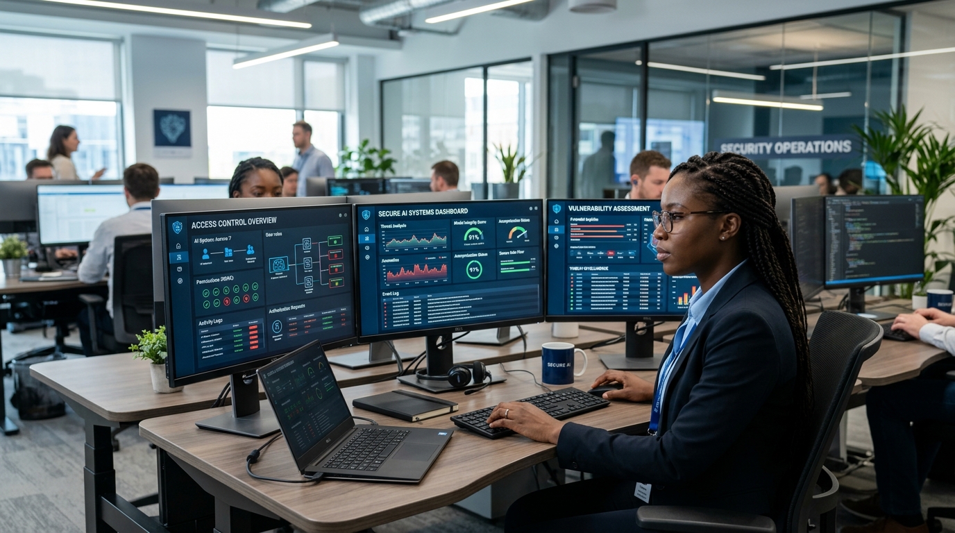 Cybersecurity professional reviewing secure AI systems on a computer with data protection dashboards and access control screens in a modern workplace.