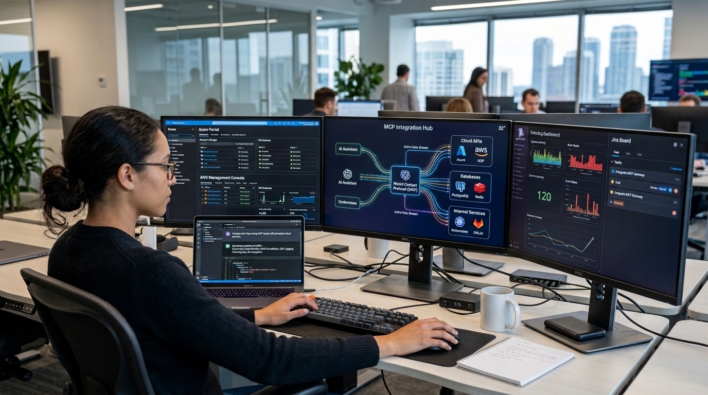 A professional software developer using an AI assistant on a laptop while multiple business applications, cloud services and data connections are displayed on large monitors in a modern office, representing MCP and AI integration.  