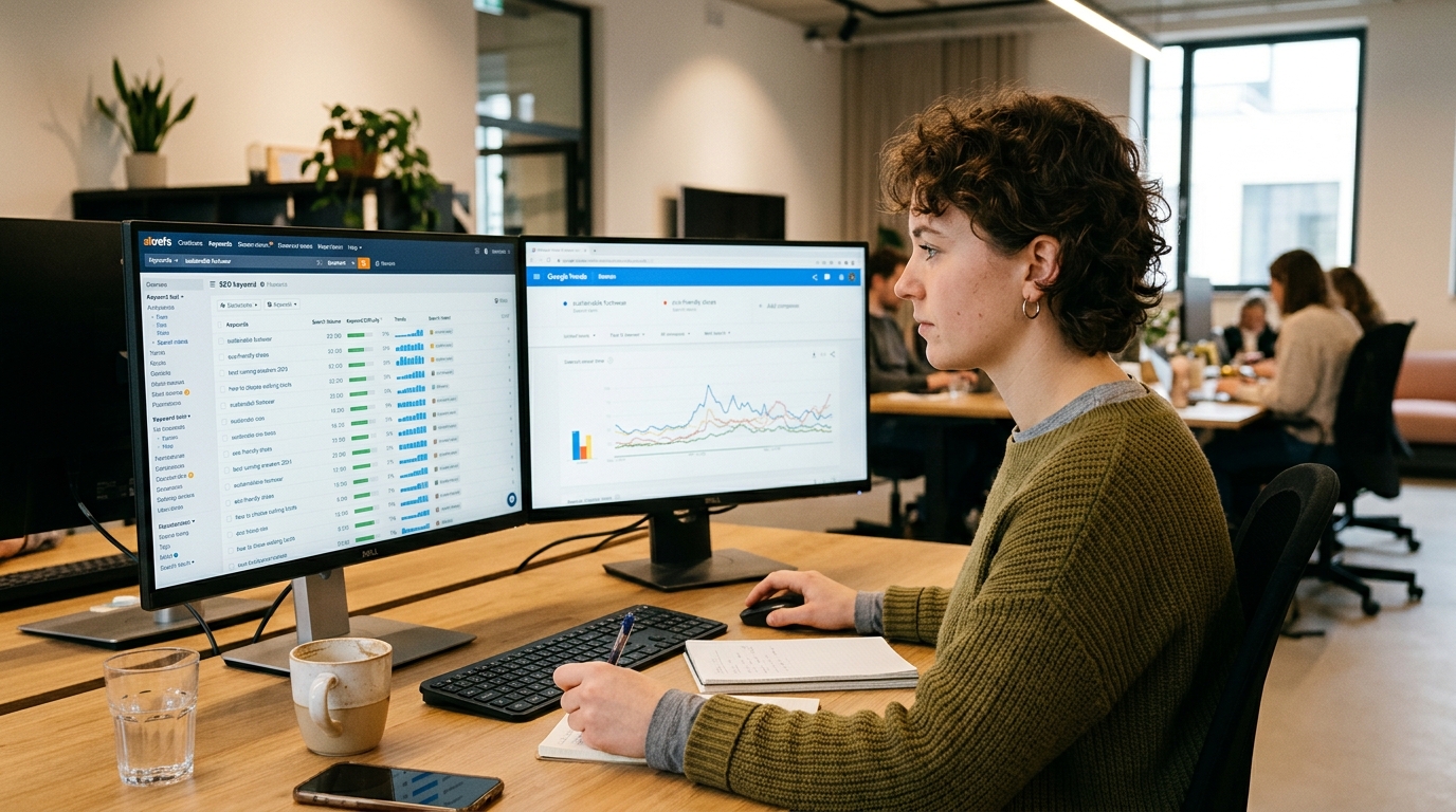 SEO specialist analysing keyword research data and search trends on a computer to identify relevant keywords and search intent for website optimisation.