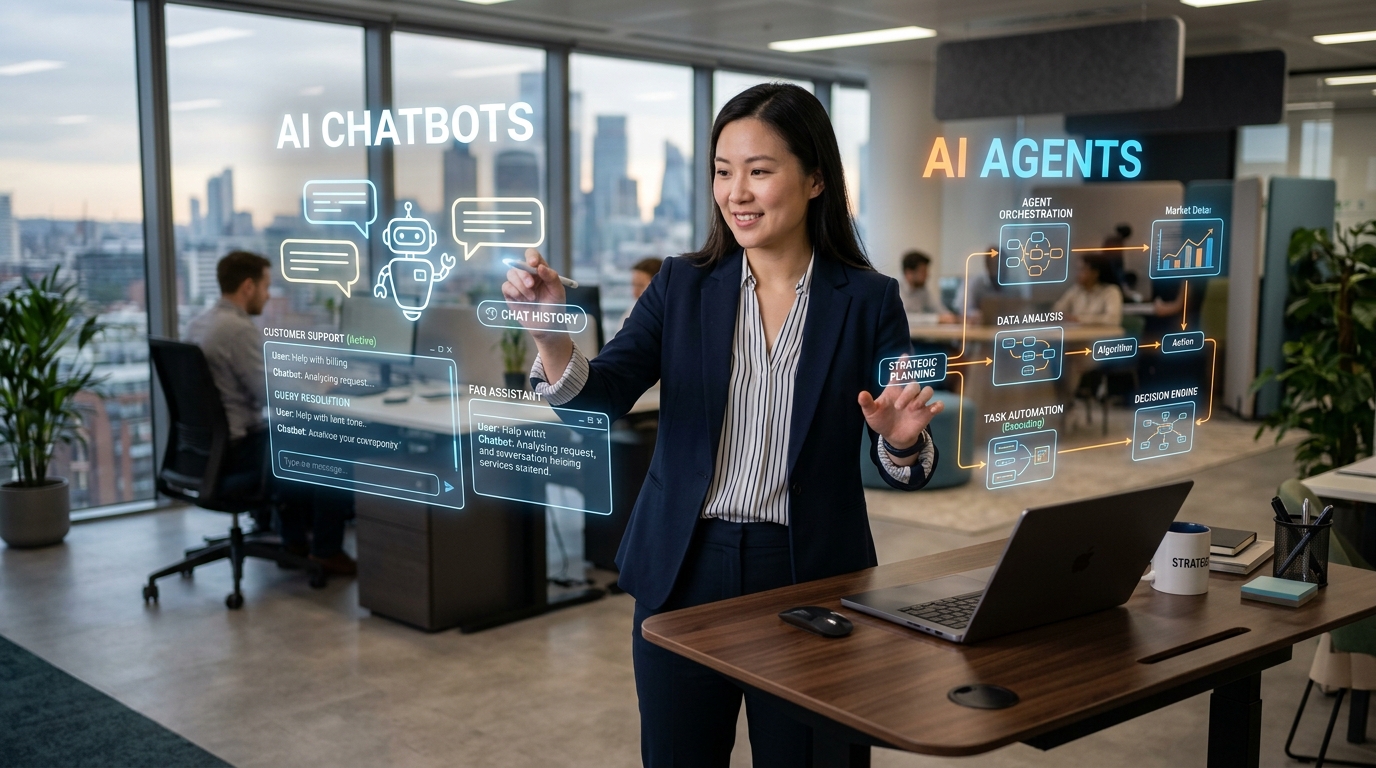 image3 Modern office workspace featuring a professional interacting with holographic artificial intelligence icons representing AI agent vs chatbot comparison.