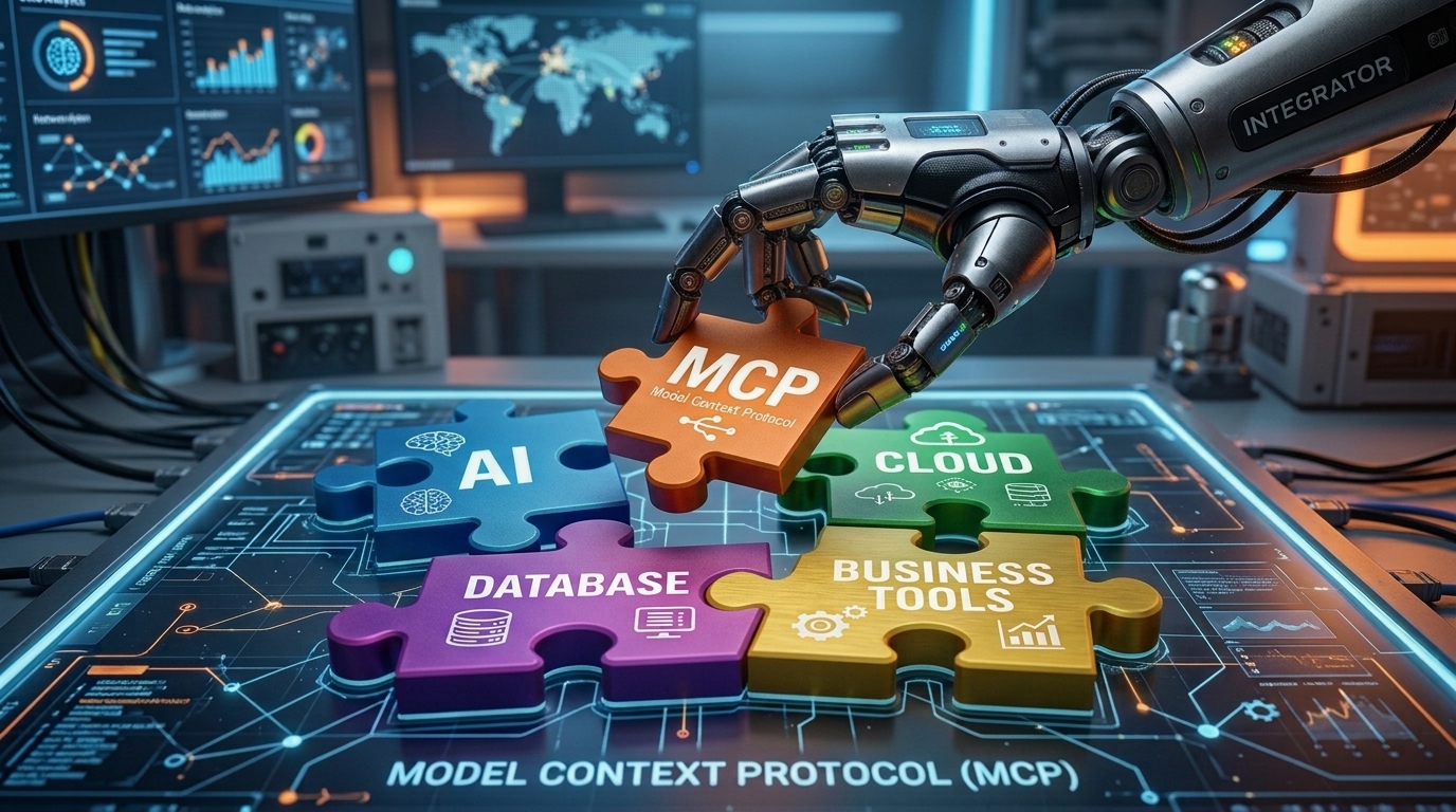 A robotic hand connecting colourful puzzle pieces labelled AI, cloud, database and business tools, representing Model Context Protocol (MCP) connecting different systems.