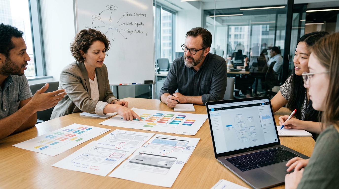 Marketing team discussing website structure and internal linking strategy using printed website pages and a laptop during a planning meeting.