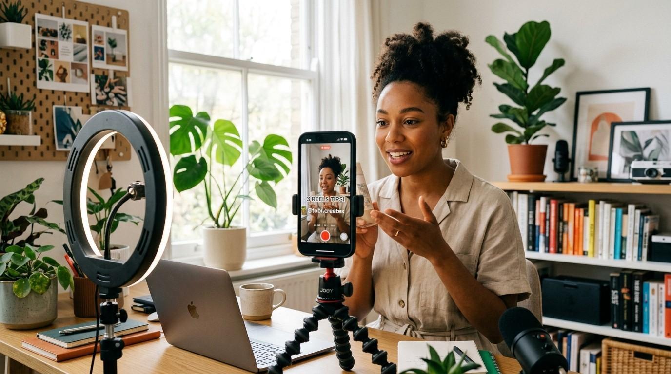 A content creator using a smartphone to film short-form video content for Instagram Reels and TikTok in a bright workspace. 