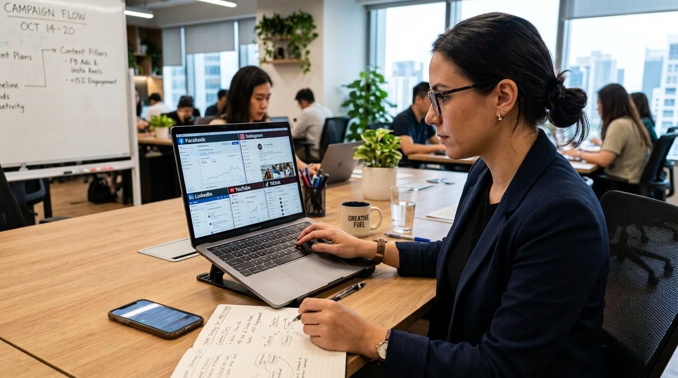 A digital marketer working on a laptop with Facebook, Instagram, LinkedIn, YouTube, and TikTok open on the screen while planning a social media marketing strategy for a business.
