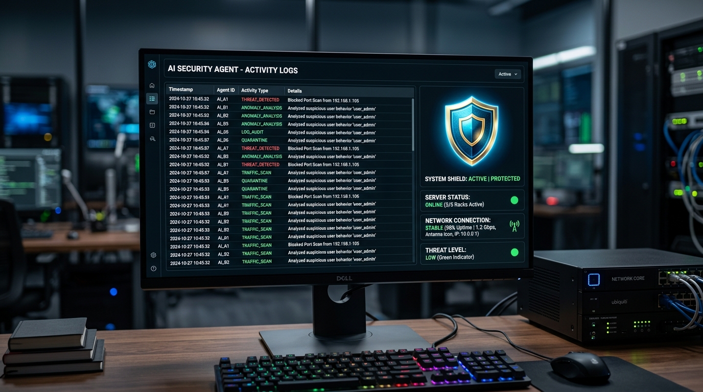 Computer monitor showing AI agent activity logs beside a security shield, server and network connection indicators.