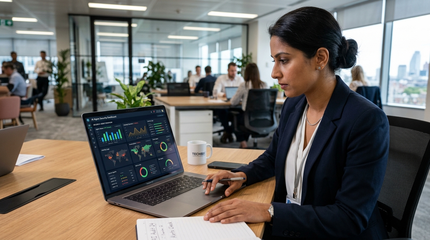 Business professional reviewing an AI agent security dashboard on a laptop while an autonomous AI system processes business tasks in the background.