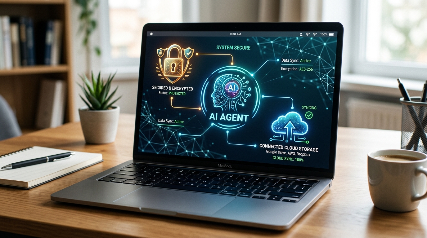 AI agent security 3 Laptop displaying an AI agent interface beside a digital security lock and connected cloud storage icon representing AI agent security.