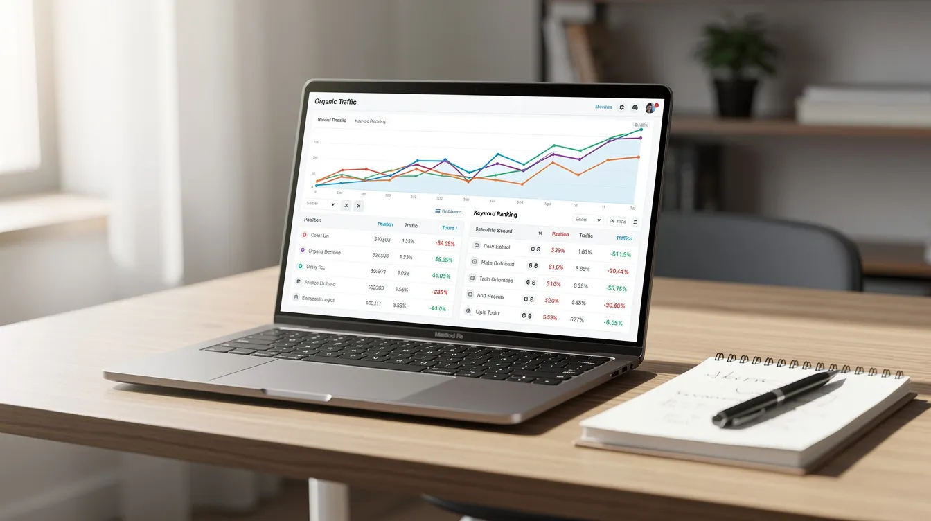 A laptop sits on a desk, showcasing an SEO marketing dashboard with line charts depicting organic traffic trends and tables displaying keyword rankings.