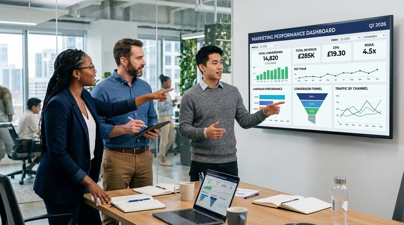A team of professionals collaborating around a large screen displaying a digital marketing dashboard that highlights key performance indicators and conversion metrics related to their marketing campaigns.