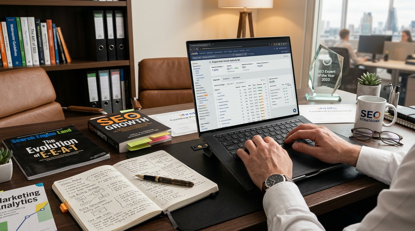 Professional workspace with research notes, credentials, business publications and a secure laptop representing the EEAT SEO techniques in practice.