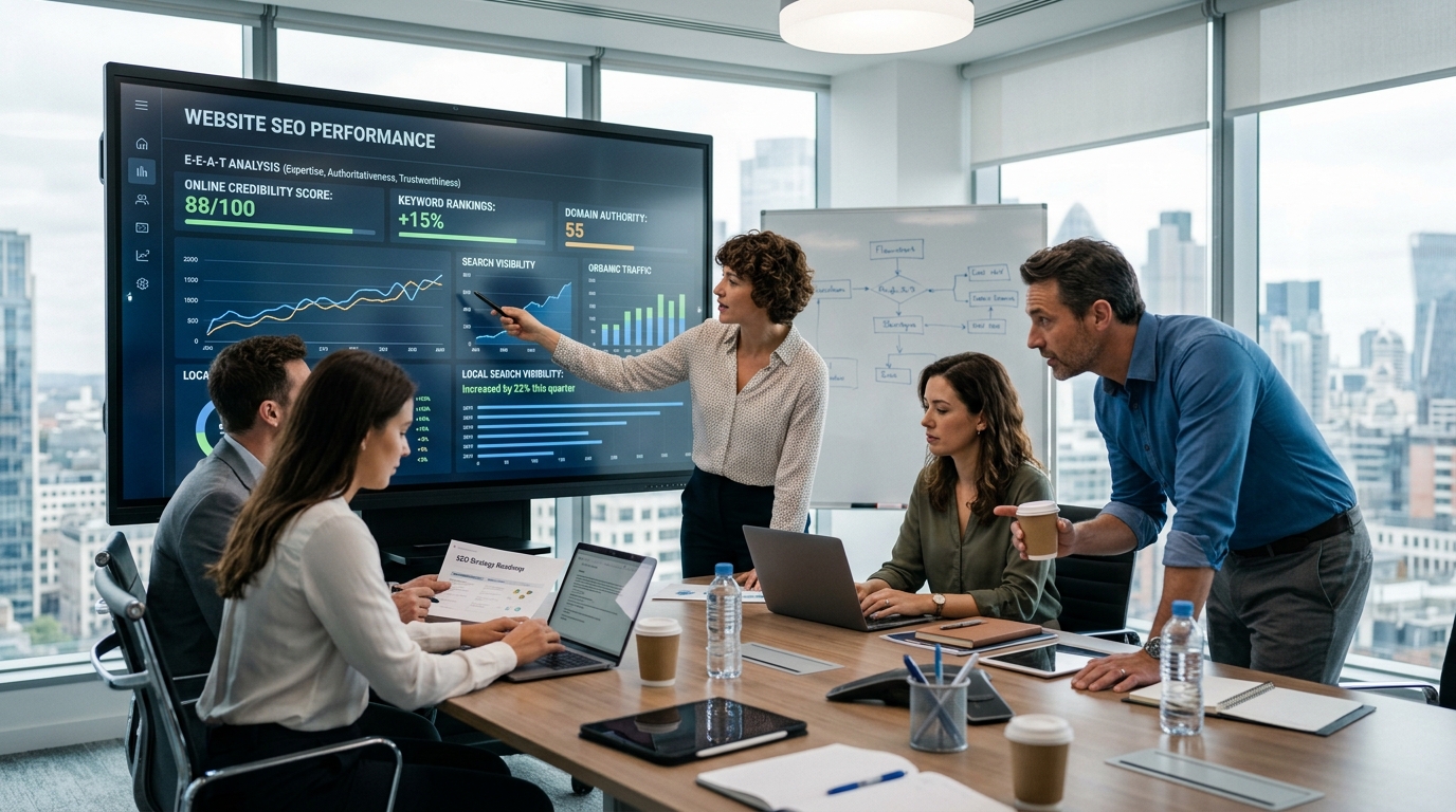 Professional digital marketing team reviewing a website's SEO performance on a large screen, representing E-E-A-T, online credibility, expertise and search visibility.