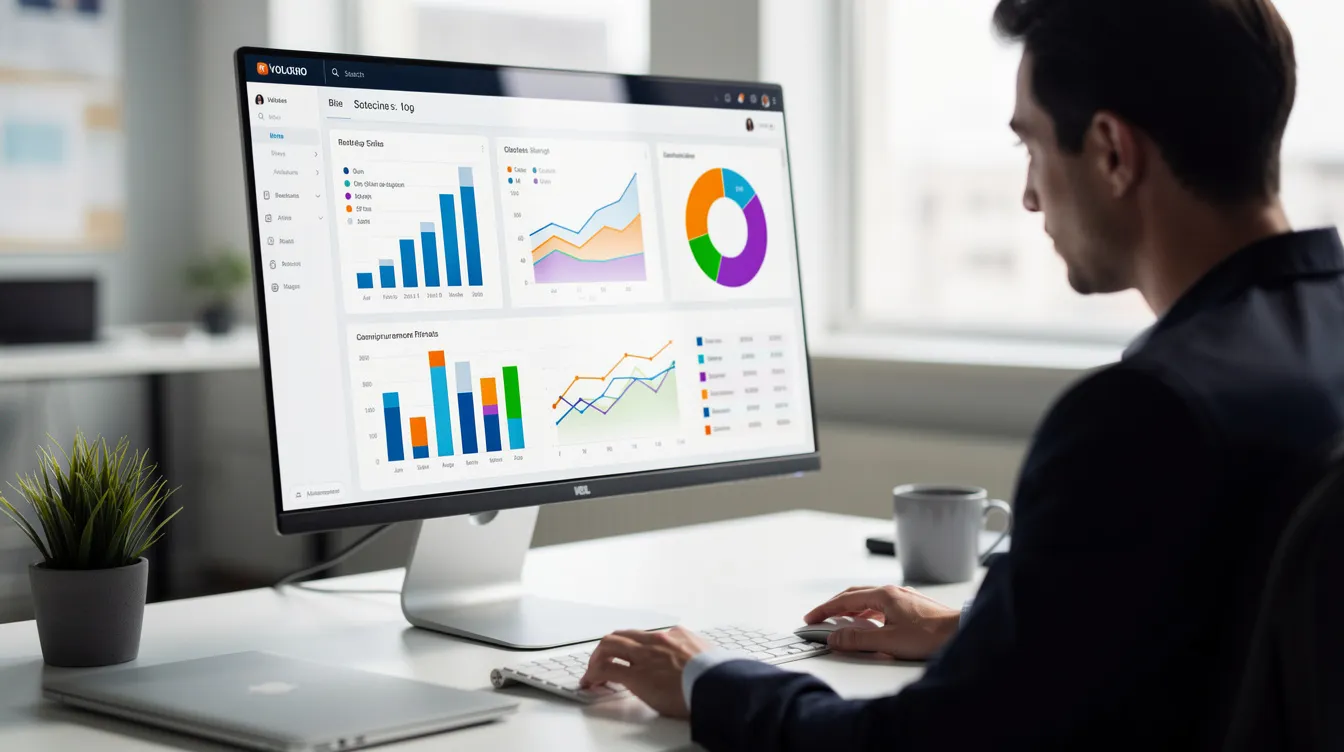 marketing dashboard A person is seated at a modern desk, focused on a large monitor showcasing a digital marketing dashboard highlighting key performance indicators and campaign data