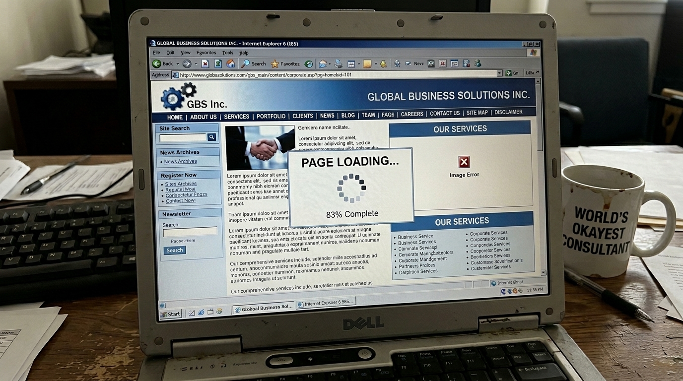 Website redesign showing an outdated business website with cluttered navigation and slow-loading elements